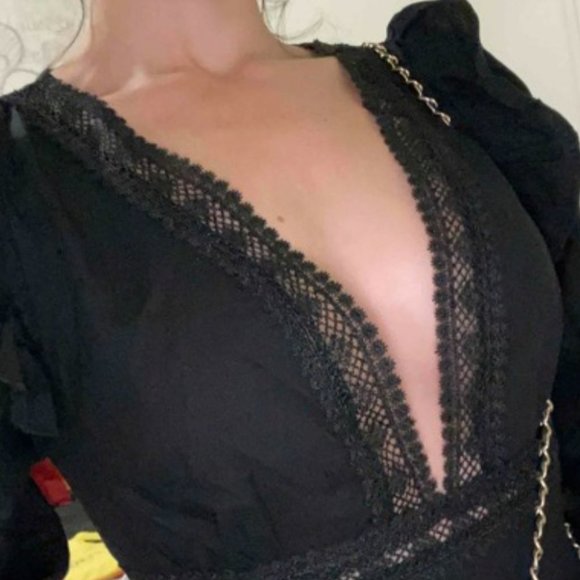 Black Plunging Neckline Lace Ruffle Sleeve Mini Dress - Picture 7 of 13